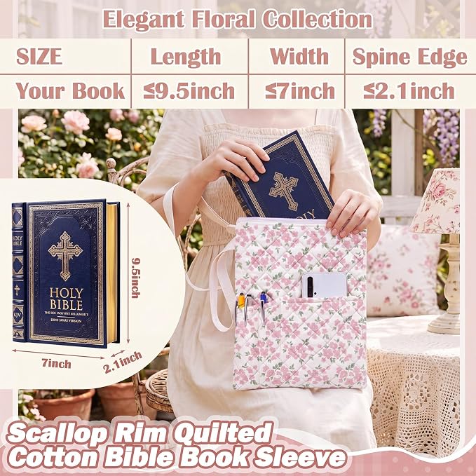 Gilprop Pink Floral Bible Book Sleeve with Zipper 11" x 9" Padded Protector Washable Quilted Book Covers Printed Bible Pouch with Handle Pockets Protector for Books Lover Christian Gifts
