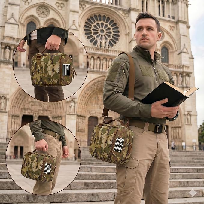 Tactical Bible Cover for Men, Large Bible Case with Shoulder Strap & US Flag Patch, Water Resistant Bible Carrier Bag with Handle, Multi Pockets for Church Study & Travel （Camo）