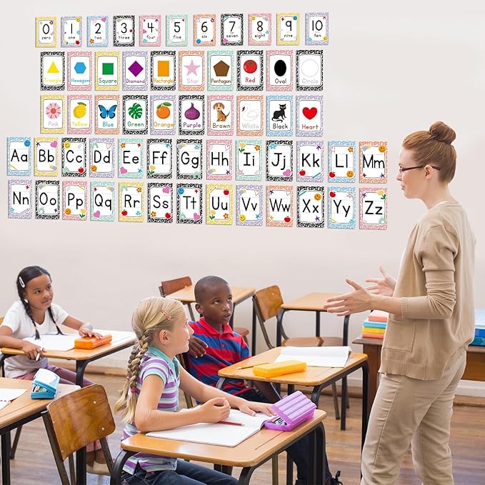 56Pcs Composition Notebook Alphabet Poster for Wall Alphabet Number Bulletin Board Colors Shapes Educational Learning Cards for Teacher