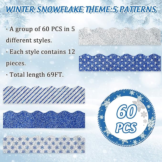 Whaline 69Ft Winter Glitter Bulletin Board Borders 5 Designs Blue Silver Snowflake Stripe Dot Decoration Trim Border for School Classroom Office Decoration