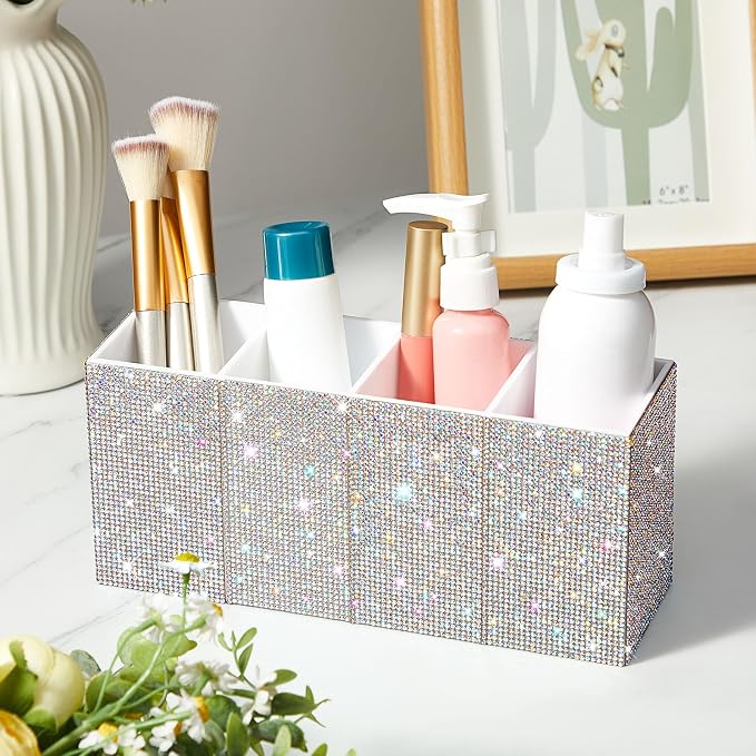 Bling Desk Organizer for Women, Rhinestone Pen Makeup Brush Holder, Girly Desk Accessories Organizer for Office Classroom Elevate Your Workspace with Serenity(Rhinestone,White)