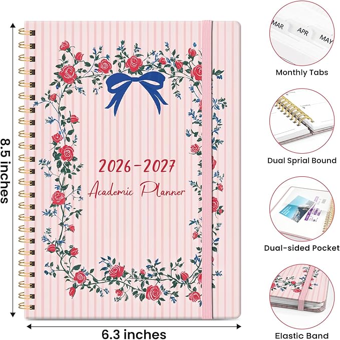 2026–2027 Academic Planner, Weekly and Monthly Planner for Women, July 2026 - June 2027, Pretty Hardcover 2026–2027 Academic Planner with Tabs, Inner Pocket, Spiral Bound, Perfect Office Home School Supplies - 6.3" x 8.5", Ribbon Wreath
