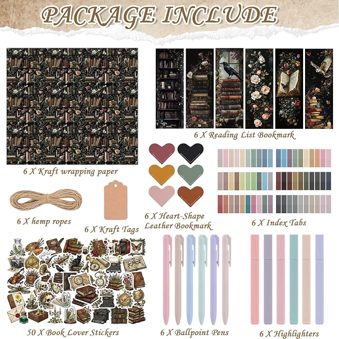 Blind Date with a Book Gift Box 6 Set Blind Book Date Gift Supplies Includes Kraft Paper Tags Bookmark Pens Stickers for Women Book Lover Club Librarian Bookish Reader Gifts (Dark Academia)