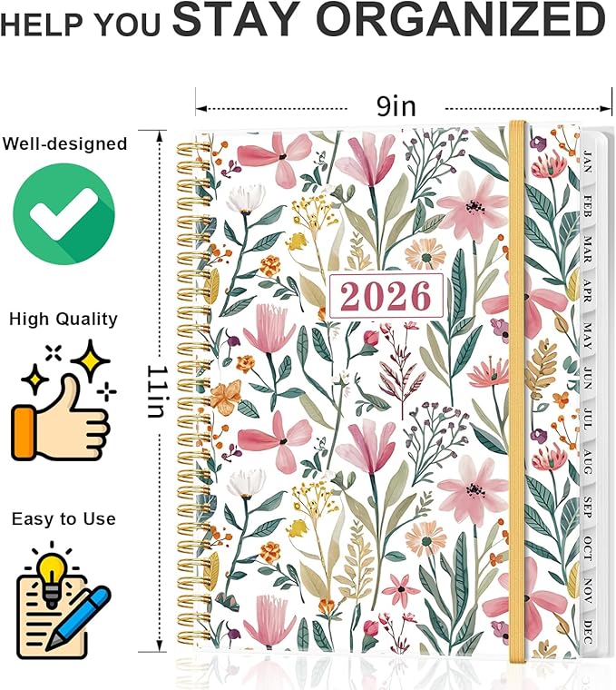 2026 Planner - Weekly and Monthly Planner from Jan 2026 - Dec 2026, Spiral Planning 2026 with 12-Month Tabs, Inner Pocket, 8.5" x 11", Leaf-Flower