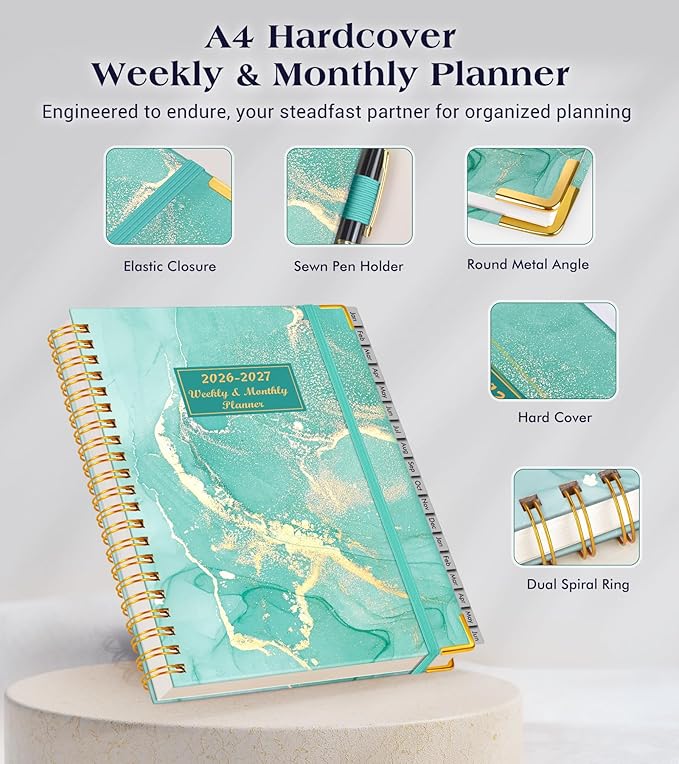 Planner 2026-2027, 18 Months Weekly and Monthly Hardcover Planner, January 2026 - June 2027, 8.5" x 11" A4 Large Daily Calendar Planner Book with Tabs, Spiral Yearly Agenda Organizer Notebook for School Work Home, Teal Marble