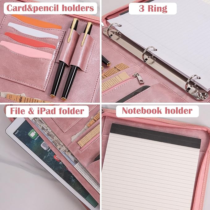 Calfinder3 Ring Portfolio Binder with Zipper, Leather Padfolio for Women, Professional Portfolio Organizer with Laptop/Tablet Holder, Business Padfolio for Resume/Notebook,Gift for Valentine's Day