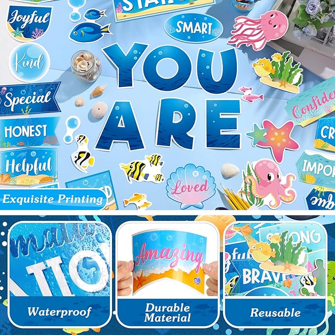 45 Pcs Ocean Affirmation Station Bulletin Board Set Motivational Posters Classroom Mirror Growth Mindset Decor Positive Affirmations Accents Cutouts for School Office Home Teacher Wall