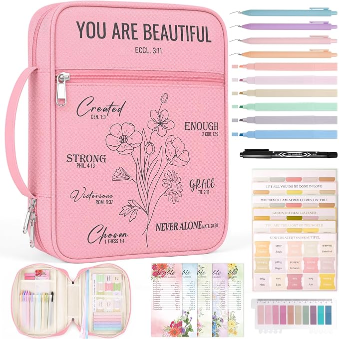 XKDOUS 24 Pcs Bible Cover Kit for Women Pink Canvas Bible Bag w/Handle, Pockets, Study Supplies Bible Journaling Kit Portable Book Carrying Case Christian Gifts for Mom Lady