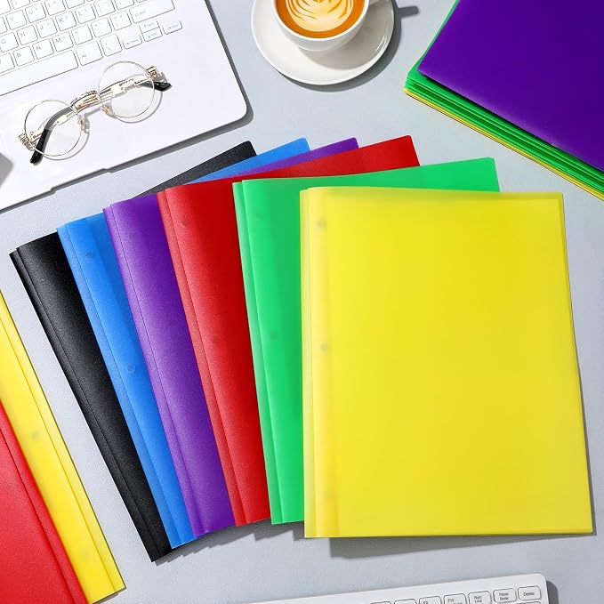 Cholemy 72 Packs Pocket Folders with Prongs Heavy Duty Plastic Folder with Business Card Slot 3 Prong Fasteners for School Office (Stylish)