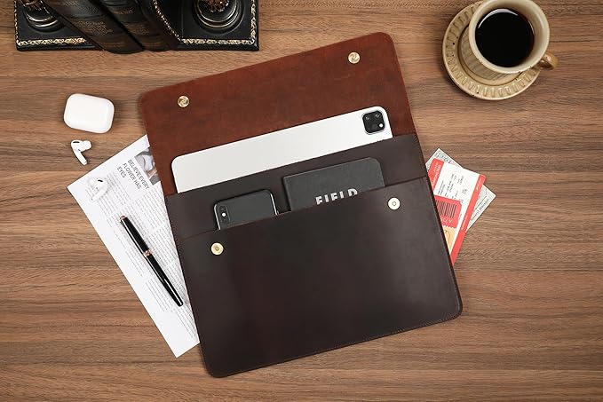 Leather Tablet Sleeve - 12.9 Inch iPad Sleeve, Document Holder Folio File Holder, Genuine Leather Case for Protection and Style-Dark Brown-Custom