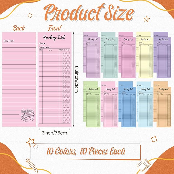 100 Pcs Reading List Bookmark 3 x 8 Inch Reading Log Bookmark Personal Personal Library Cards for Book Lover Gifts Enthusiast Reader Student Teacher Book Accessories(Bright Color)