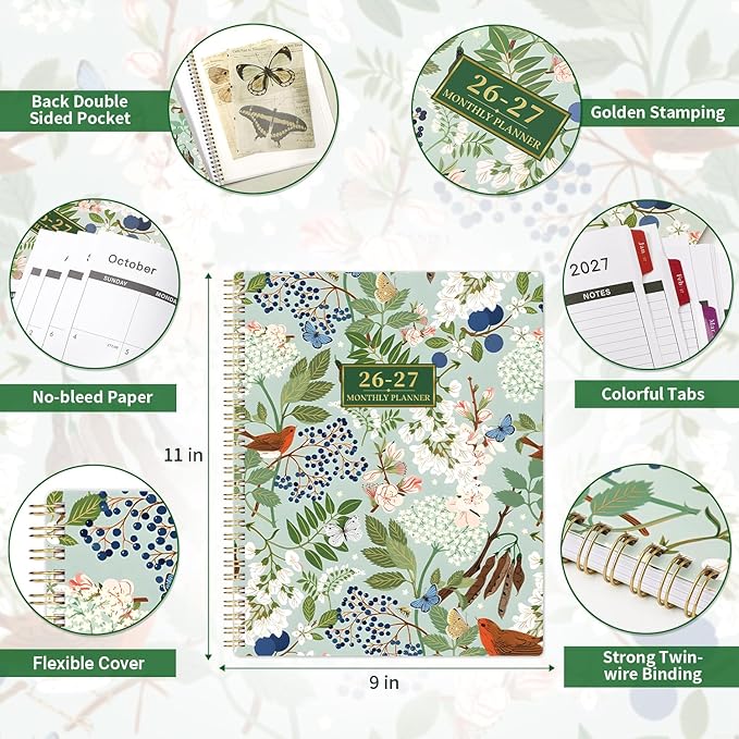 2026-2027 Monthly Planner - Academic Planner 2026-2027, JUL. 2026 - DEC. 2027, 9" x 11", 18 Monthly Calendar Planner with Colorful Tabs + Back Pocket + Twin-Wire Binding - Floral