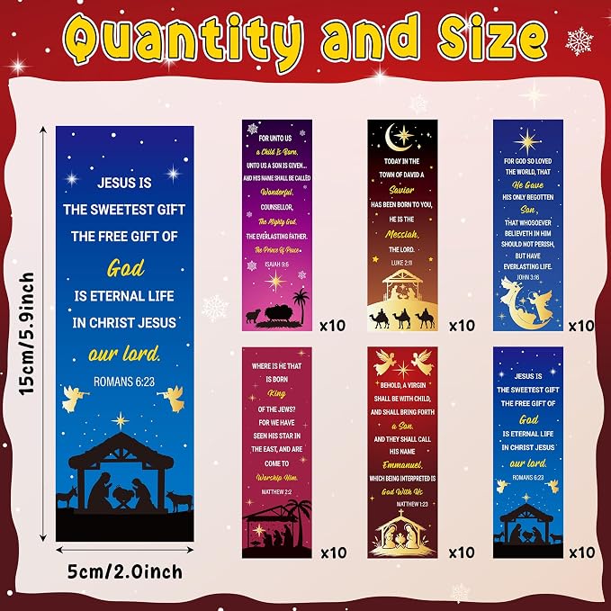 TICIAGA Christmas Nativity Bible Verses Bookmarks - 60PCS Jesus is The Sweetest Gift Christmas Bible Bookmark Bulk for Kids, Religious Prayer Bookmark Xmas Stocking Stuffers for Sunday School Rewards