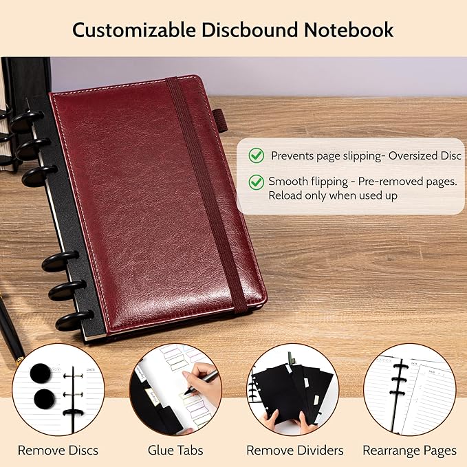Refillable Notebooks for Work Discbound: Hardcover Notebook with 5 Subject Removable Dividers Tabs Colleged Ruled Small Journal for Writing Women Men 224 Pages,Dark Red