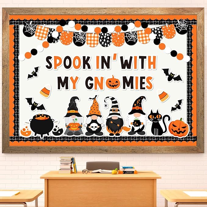 Whaline 113 Pcs Halloween Gnome Bulletin Board Decoration Black Orange Gnome Pumpkin Bats Paper Cutouts with 200 Pcs Glue Points for Holiday Party Home Classroom