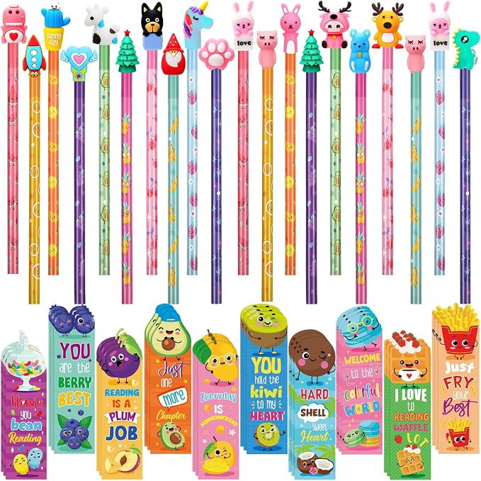 Teling 80 Pcs Scented Bookmarks and Pencils with Cute Toppers Set Fun Pencils Fruit Food Theme Scratch and Sniff Bookmarks Cartoon Pen Toppers Study Supplies(Adorable Style)