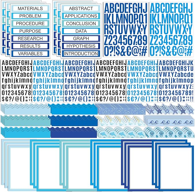 Sinload 92 Pcs Science Fair Board Supplies 60 Trim Scalloped Poster Boards 18 Presentation Subtitles 6 Project Titles 8 Letter Sticker for Classroom Display Boards (Blue,Ocean)