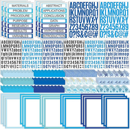 Sinload 92 Pcs Science Fair Board Supplies 60 Trim Scalloped Poster Boards 18 Presentation Subtitles 6 Project Titles 8 Letter Sticker for Classroom Display Boards (Blue,Ocean)