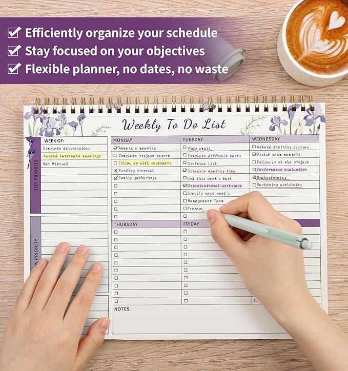 104 Pgs Weekly To Do List Notepad, 52 Duplex-Printed Undated Sheets 100 GSM（8.5"×11") Weekly Desk Planner For Work Home School Office Desk Accessories Supplies & Goal Setting Tasks - Purple Iris