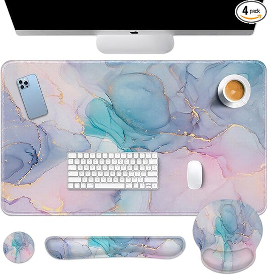 Britimes Blue Purple Liquid Marbling Keyboard Mouse Pad Set 4in1 Large Mousepad+Keyboard Wrist Rest+Mouse Wrist Rest+Coaster Ergonomic Design for Home Office Computer 35.4x15.7 inches