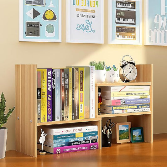 Desktop Shelf Organizer, Adjustable Wood Office Storage Rack, Counter Display Small Bookshelf for Home/Office/School(Light Walnut)