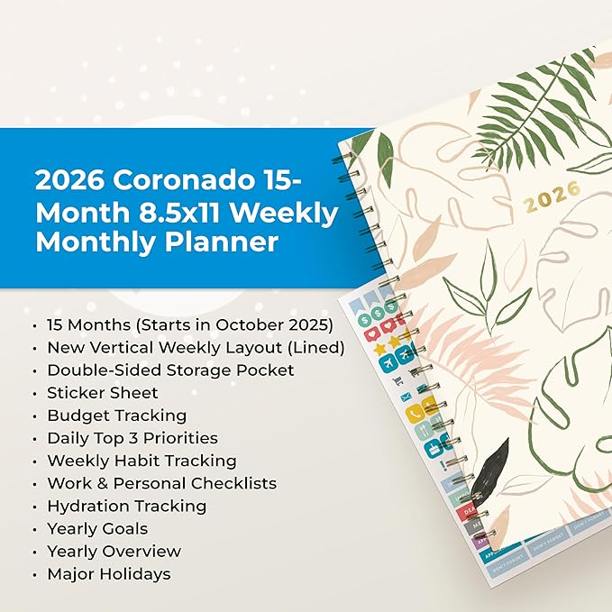 Blue Sky 15 Month 2026 Weekly and Monthly Planner Calendar, October 2025 - December 2026, 8.5" x 11", Laminated Cover, Durable Twin Wire Binding, Laminated Tabs, Storage Pocket, Includes Stickers, Coronado