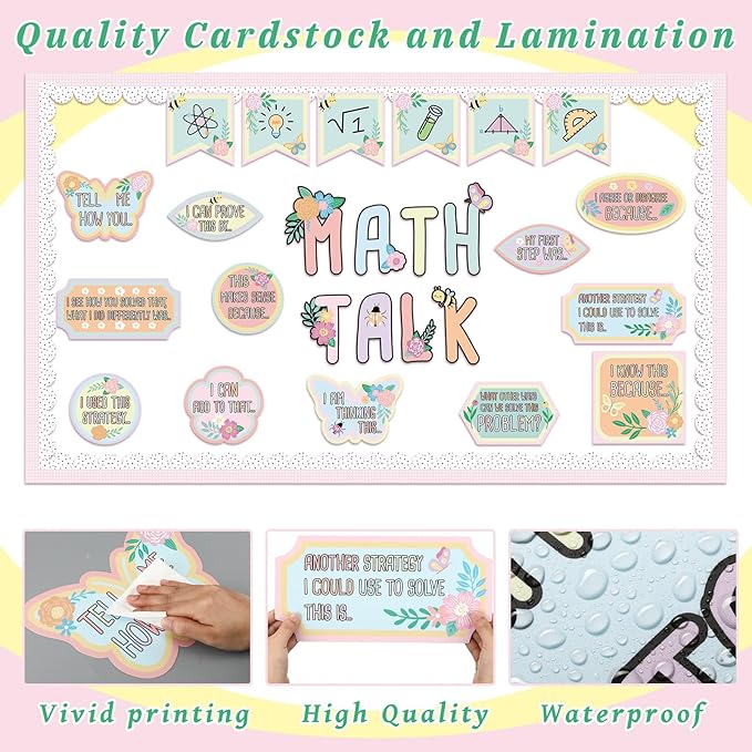 AmazingSpark Pink Floral Math Talk Bulletin Board Set Classroom Decorations Educational Maths Paper Cutouts Back to School Bulletin Board Decor Elementary Middle School Wall Decor Supplies