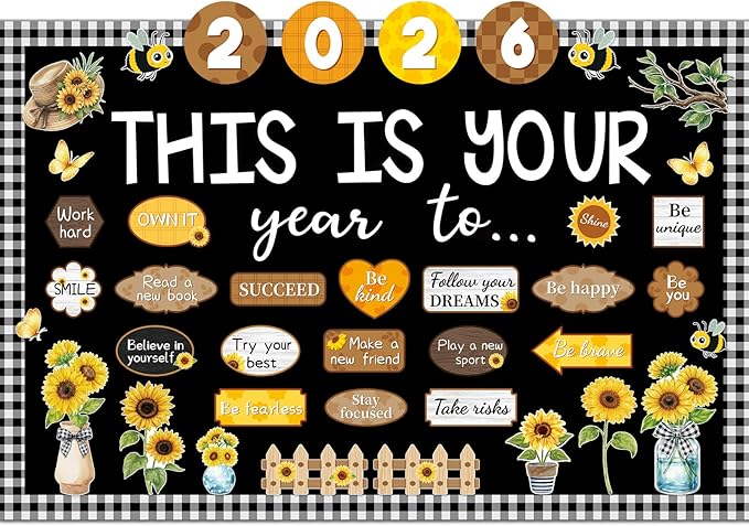 Eaasty Sunflower This is Your Year to Bulletin Board Set Flower Fence Bee Cutouts Motivational Welcome Back to School Classroom Decor for School Office Chalkboard Door Wall Decor Supply