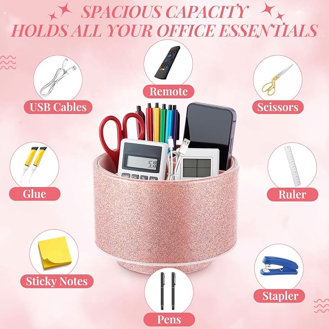 Epakh PU Leather Glitter Pen Holder 360 Degree Spinning Rose Gold Bling Pencil Cup Women Girls Makeup Brush Organizer Cup Gift for Teacher Desk Office Classroom Home Back to School Festival (6 Inch)