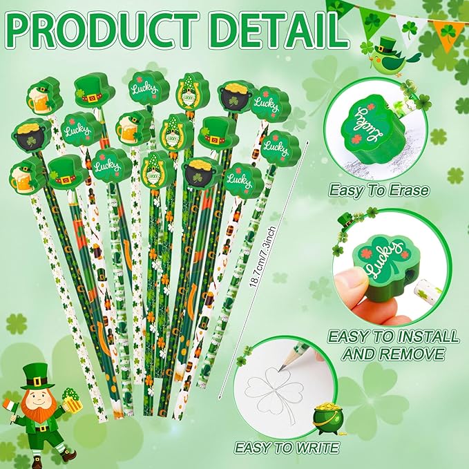 Gersoniel 36 Pcs St. Patrick's Day Pencils Set 18 Green Shamrock Pencils 18 Irish Rubber Erasers Clover Leprechauns Wood Stationary for Kids Party Favors Office School Classroom Gift Exchange (Irish)