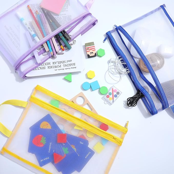 12 Pack Mesh Zipper Pouch Bags, Double-Layer Nylon Breathable See Through Storage Organizer with Handle, 6 Colors for Office Documents and Household Supplies Organization