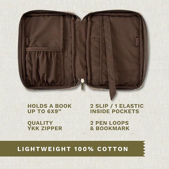 Bella Taylor Small Bible Cover for Women - Quilted Cotton Bible Case for 6 x 9 inch Books - Vintage Vine Brown