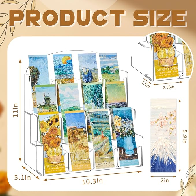 Yuntau Acrylic Bookmark Display, Adjustable 2. 2'' Bookmark Stand, Portable Sticker Holder, Curved Pockets Greeting Card Display for Business Vendor, Retail Store Shop (Integrated,12 Pockets)