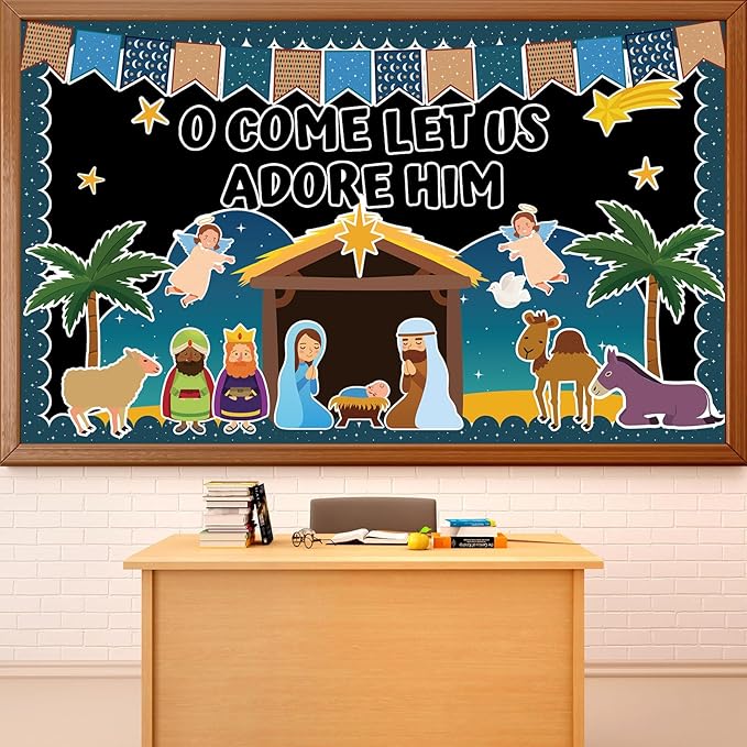 Justforjoyful Religious Christmas Bulletin Boards Christian Nativity Scene Bulletin Board Decorations Set Jesus Birth Bible Classroom Decor Paper Border Cutout for Sunday School Church Chalkboard Wall