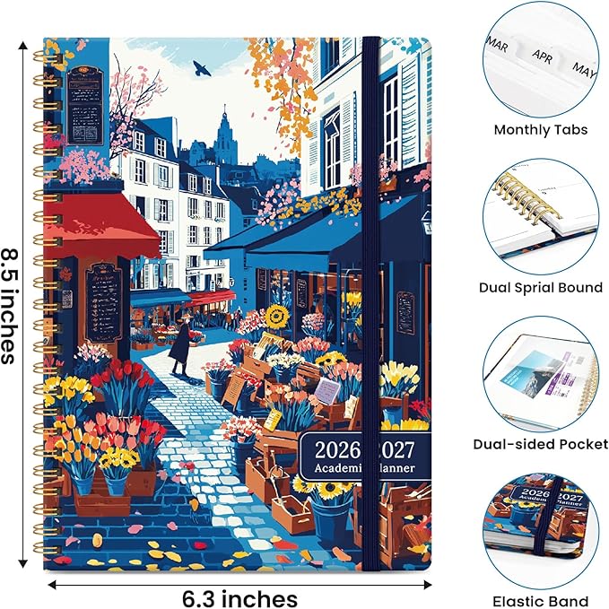 2026–2027 Academic Planner, Weekly and Monthly Planner for Women, July 2026 - June 2027, Pretty Hardcover 2026–2027 Academic Planner with Tabs, Inner Pocket, Spiral Bound, Perfect Office Home School Supplies - 6.3" x 8.5", Floral Street
