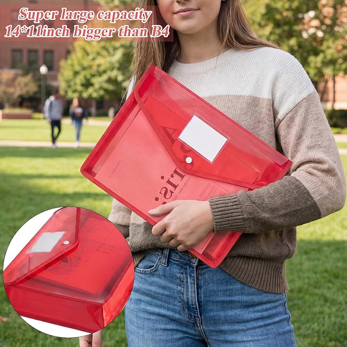 Epakh 10 Pieces Plastic File Folders Envelope Expanding File Wallet Organizer Documents Folder with Snap Closure and Pocket B4 Waterproof Transparent Pouch for School Office(Red,Horizontal)