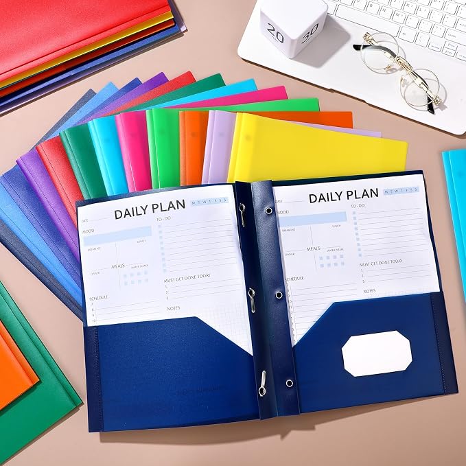 Cholemy 72 Packs Pocket Folders with Prongs Heavy Duty Plastic Folder with Business Card Slot 3 Prong Fasteners for School Office (Bright)
