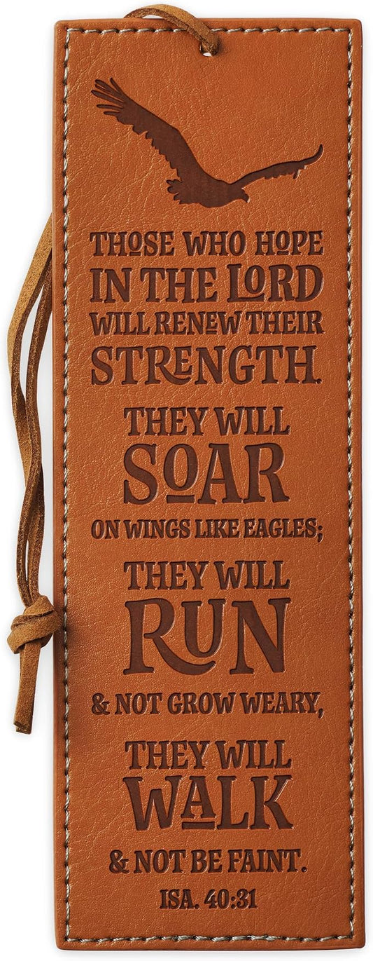 Christian Art Gifts Vegan Faux Leather Scripture Bookmark for Men: Hope in The Lord - Isaiah 40:31 Inspirational Bible Verse, Heat-Debossed, Faith-Based Reading Book Accessory with Cord Tassel, Brown