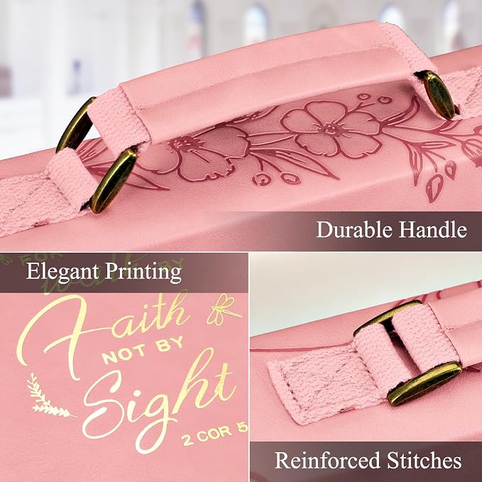FINPAC Large Classic Bible Cover Vegan Leather Carrying Book Case Church Bag Bible Protective with Handle, Gift for Women, Mother, Friends, Pink