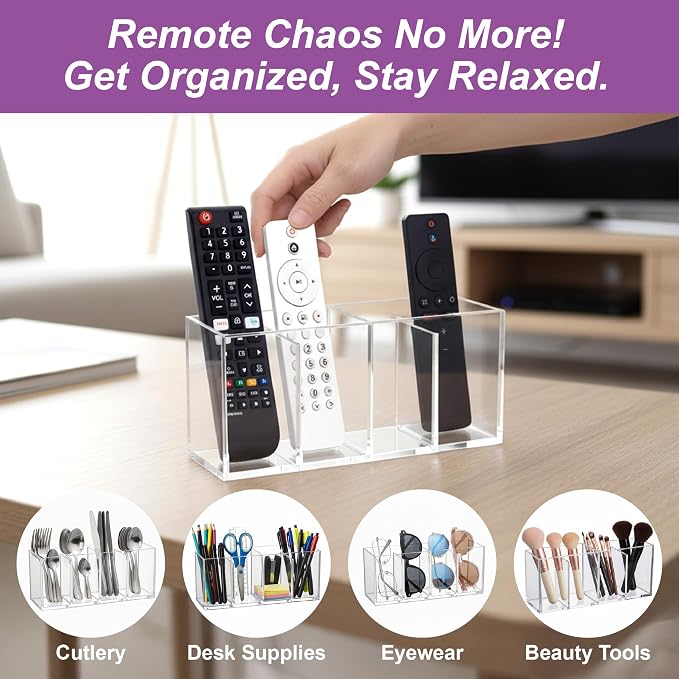 Amazing Abby Remote Control Holder (2-Pack), Clear Plastic 4-Compartment Organizer for TV Remote, Shatter-Proof Storage Box for Media Players, Controllers, and Office Supplies