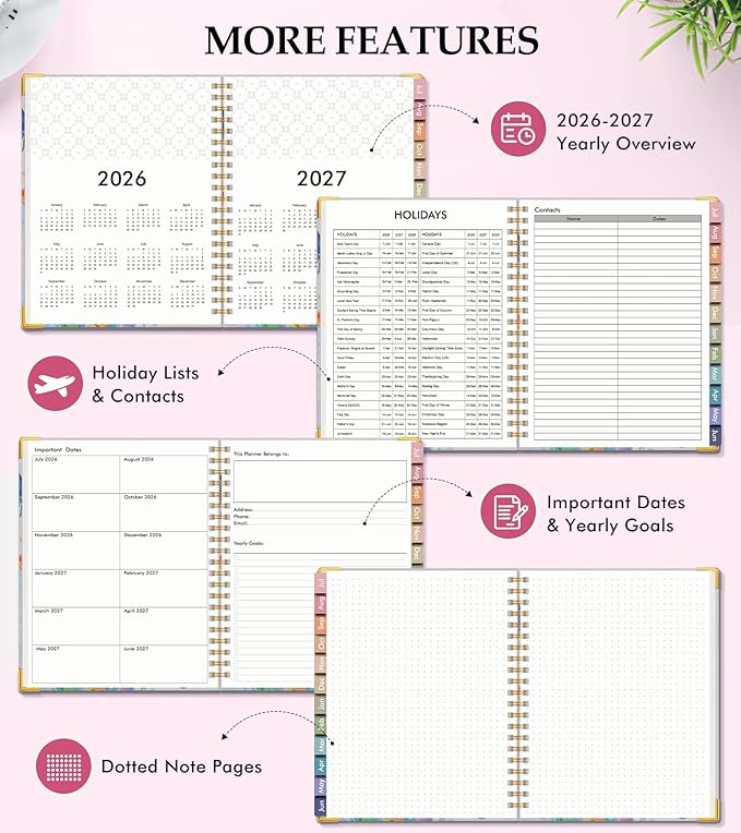 Academic Planner 2026-2027, Hardcover Leather Weekly and Monthly Calendar Planner from July 2026 - June 2027, A4 8.5" x 11" Daily Agenda with Tabs, College School Organizer for Student Teacher, Butterflies in the Blooms