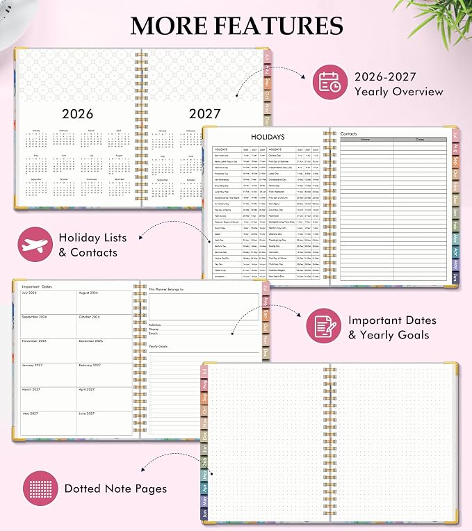 Academic Planner 2026-2027, Hardcover Leather Weekly and Monthly Calendar Planner from July 2026 - June 2027, A4 8.5" x 11" Daily Agenda with Tabs, College School Organizer for Student Teacher, Butterflies in the Blooms
