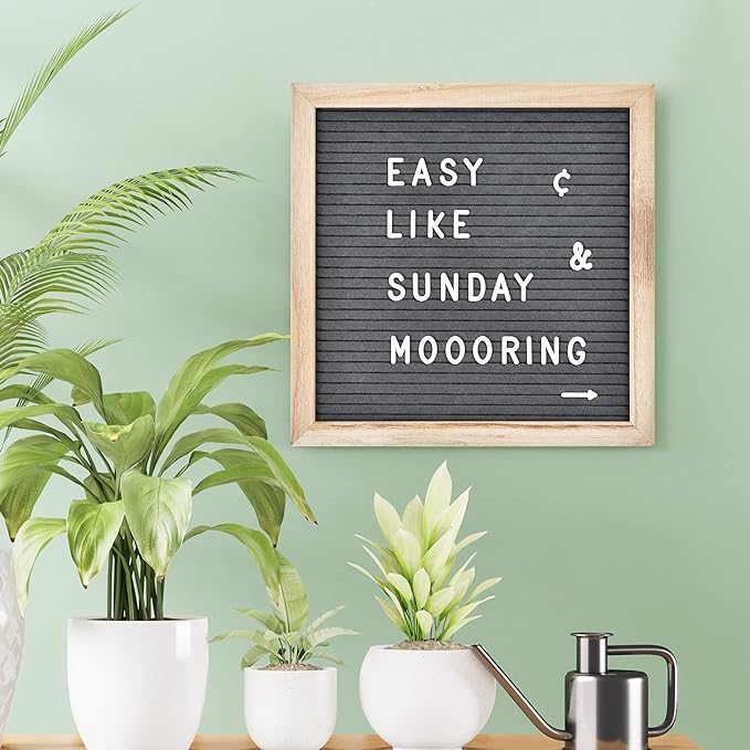 Felt Letter Board with 294 Letters, Numbers & Symbols - 10 x 10 inch Changeable Message Board with Wooden Frame Wall Mount Hook, Gray & Wood