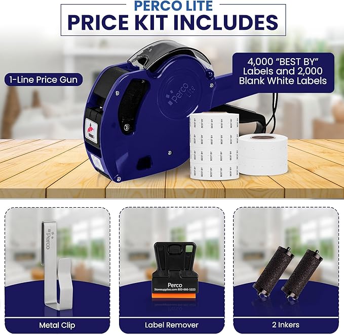 Perco Lite 1 Line Date Gun Kit - Includes 2 White Rolls, 1 Gun Clip, 4 Rolls of Best by Labels, 2 Ink Rollers - 1 Ink roll and Labels Pre-Loaded