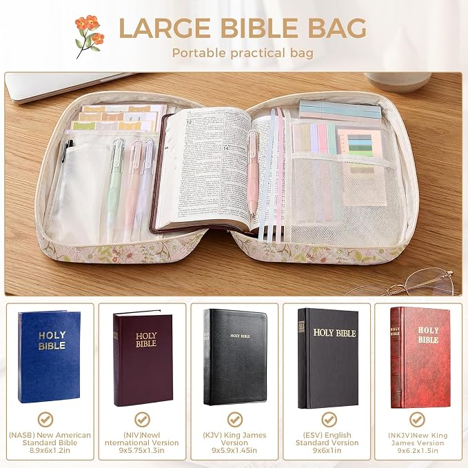 Bible Cover Case Durable Handle Quilted Bible Carrying Case for Girls Bible Study Supplies Accessories (Spliced Flower)