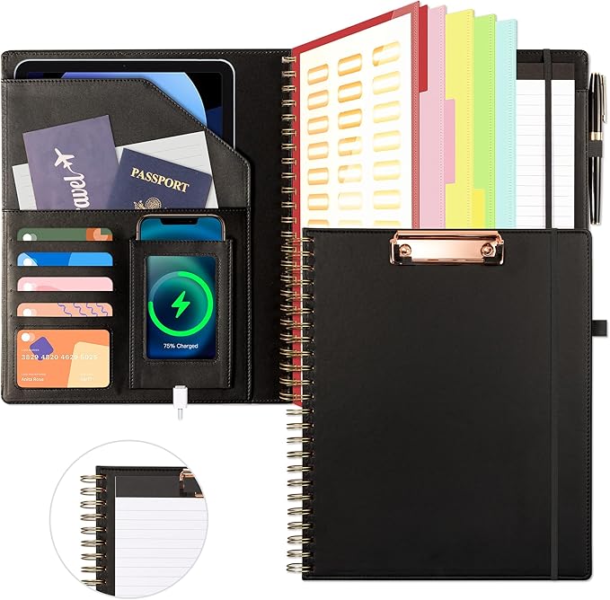 Ospelelf Clipboard with Storage for Men Women, Leather Padfolio Portfolio Organizer 5 Folders with 10 Pockets, Spiral Clipboard Folio with Notepad for Letter Size, Elastic Closure and Pen Loop Black