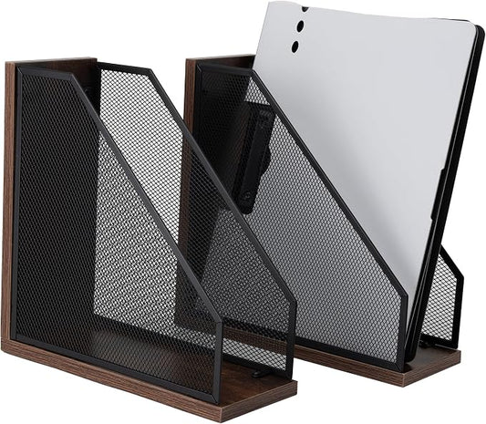 Antique Wooden Magazine Holder,Mesh File Holder for Desk, Office Desk Accessories Decorative File Box (2 Pack Black)