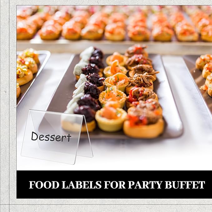 Outus 12 Pcs 4 x 3 Inches Buffet Food Labels Mini Small Chalkboard Signs Clear Acrylic Food Markers Little Price Signs with 2 Pcs Erasable Marker for Wedding Birthday Bakery Table Display