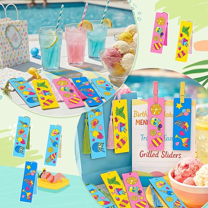 AmazingSpark 100 Pcs Ice Cream Wood Bookmarks Bulk DIY Crafts Kit, 50 Set Summer Blank Coloring Bookmarks with Tassel for Classroom Reward Gifts, End of Year Gifts, Summer Birthday Party Favor