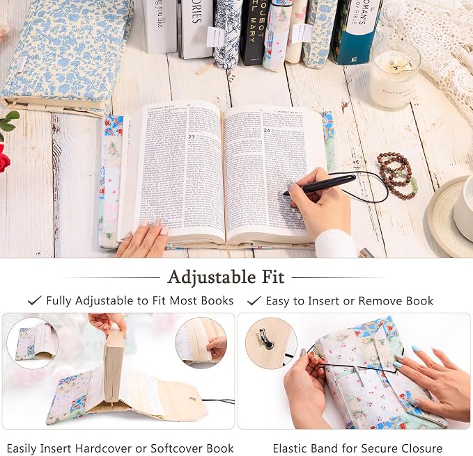 Aplufine Adjustable Fabric Book Cover with Elastic Band, Washable Reusable Book Sleeve for Hardcover Books, Textbooks, Novels & Journals, Book Protector with Pocket & Bookmark,Book Gift